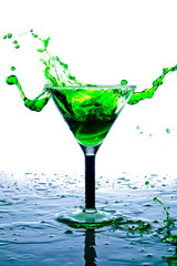 splash in a glass with green drink on a white background