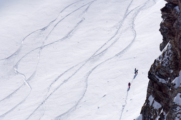 Tracks on a mountain Slope, freeride in deep snow