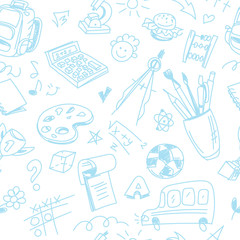 Creative seamless school pattern with blue pen children drawings