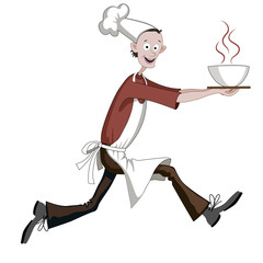 Cartoon cook running fast with dish, he is cheerful