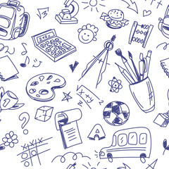 Creative seamless school pattern with pen drawings on white back