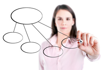 Young business woman drawing a flowchart 3, white background.
