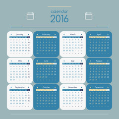 Simple european calendar for 2016 year twelve month grid. Vector illustration.