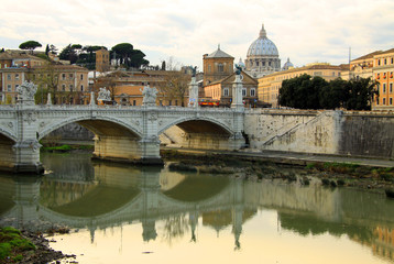 View at Tiber and St. Peter's cathedral in Rome, Italy