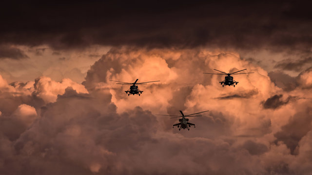 Group combat helicopters, Mi-24, Mi-8 on a background of clouds