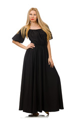 Fototapeta premium Tall woman in long black dress isolated on white