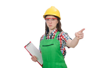 Female worker with diary isolated on white