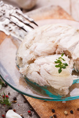 Traditional Russian food. Aspic chicken jelly.selective focus