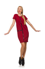 Blond hair woman in bordo dress isolated on white