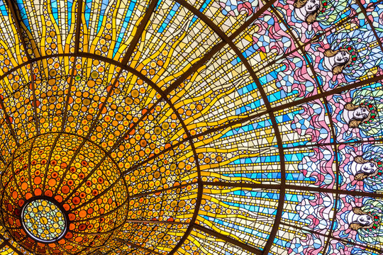 Stained glass ceiling of Palace of Catalan Music