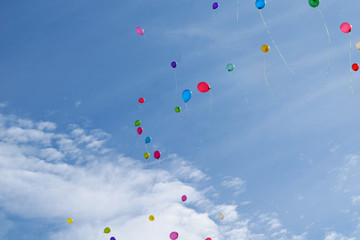 Many colored balloons fly in the blue sky with clouds