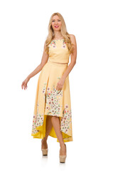Blond girl in charming dress with flower prints isolated on whit