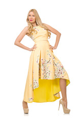 Blond girl in charming dress with flower prints isolated on whit