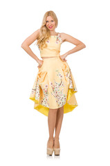 Blond girl in charming dress with flower prints isolated on whit