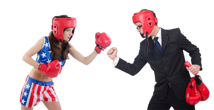 Boxer woman and businessman isolated on white
