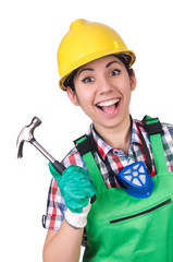 Female worker with hammer isolated on white