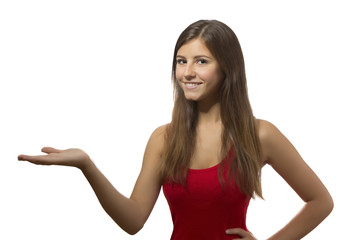 beautiful teenage girl portrait showing with open hand
