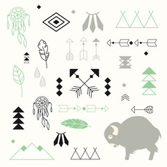 Collection of native American symbols with cute baby buffalo and