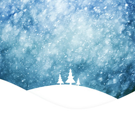 Magical blue colored sky with realistic heavy snowfall, Christmas and New Years Holiday winter landscape scene with trees on hills. Illustration greeting card with copy space background.