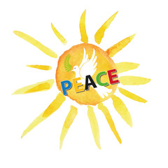 Peace day.White pigeon,watercolor sun