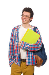 Student with books and backpack isolated on white
