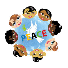 Peace day.Children faces,pigeon,watercolor blue sky