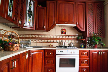 Interior of a wooden kitchen