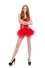 Red hair girl in carnival costume isolated on white