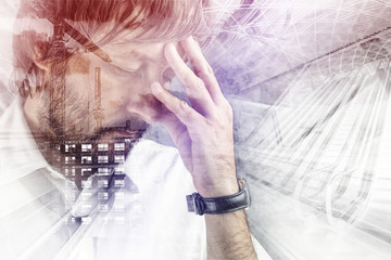 Double exposure portrait of architect