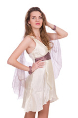 Pretty lady in light charming dress isolated on white