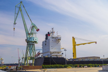 Fototapeta na wymiar Large container cranes in Port of Antwerp