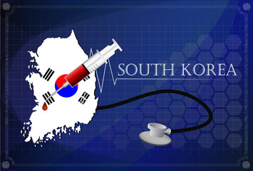 Map of South korea with Stethoscope and syringe.