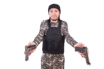 Caucasian soldier with handgun isolated on white