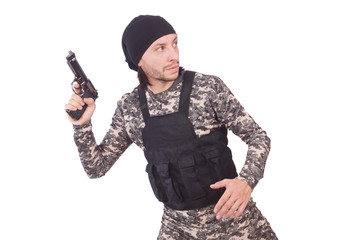 Caucasian soldier with handgun isolated on white