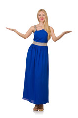 Fototapeta premium Beautiful woman in long blue dress isolated on white