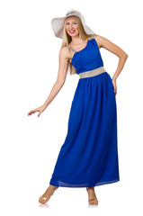 Fototapeta premium Beautiful woman in long blue dress isolated on white