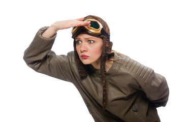 Funny woman pilot isolated on white