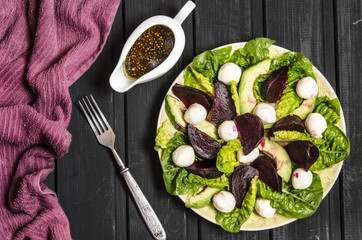 Avocado Salad with Romano mini mozzarella and beetroot dressing with mustard and balsamic vinegar   