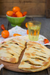 Focaccia with blue cheese, pear and bacon