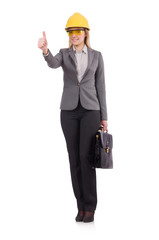 Female engineer in helmet and briefcase isolated on white