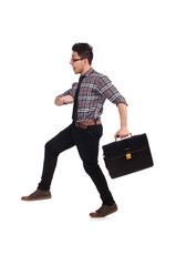 Young employee with briefcase isolated on white