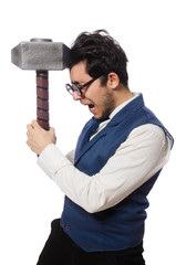 Young man holding hammer isolated on white © Elnur