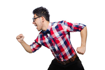 Fototapeta premium Young man in plaid shirt isolated on white
