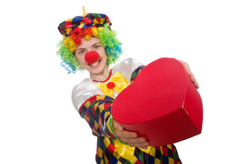 Clown with giftbox isolated on white