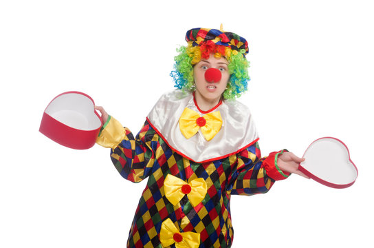 Clown with giftbox isolated on white