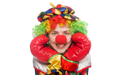 Clown with boxing gloves isolated on white