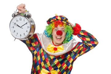 Clown with clock isolated on white