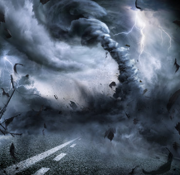 Powerful Tornado - Dramatic Destruction On The Road
