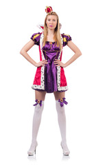 Cute girl in purple masquerade dress and crown isolated on white