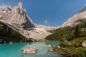 Sorapiss peak and lake in Dolomites